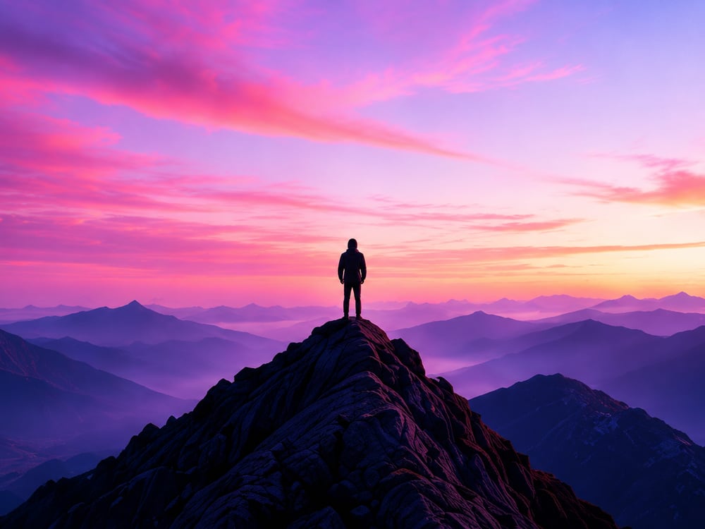 A lone figure standing on a mountain ridge, looking out over distant peaks at sunrise