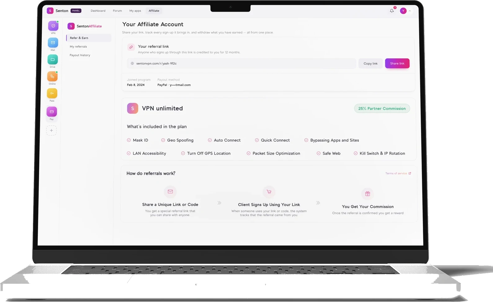 The Senton affiliate dashboard on a laptop, showing the Refer and Earn screen with a referral link, the plan a referral covers, and how referrals work