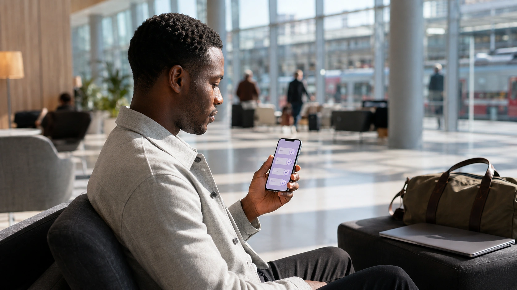 A traveller in a station lounge checking a list of confirmed credentials on their phone, each one a single fact rather than a full identity