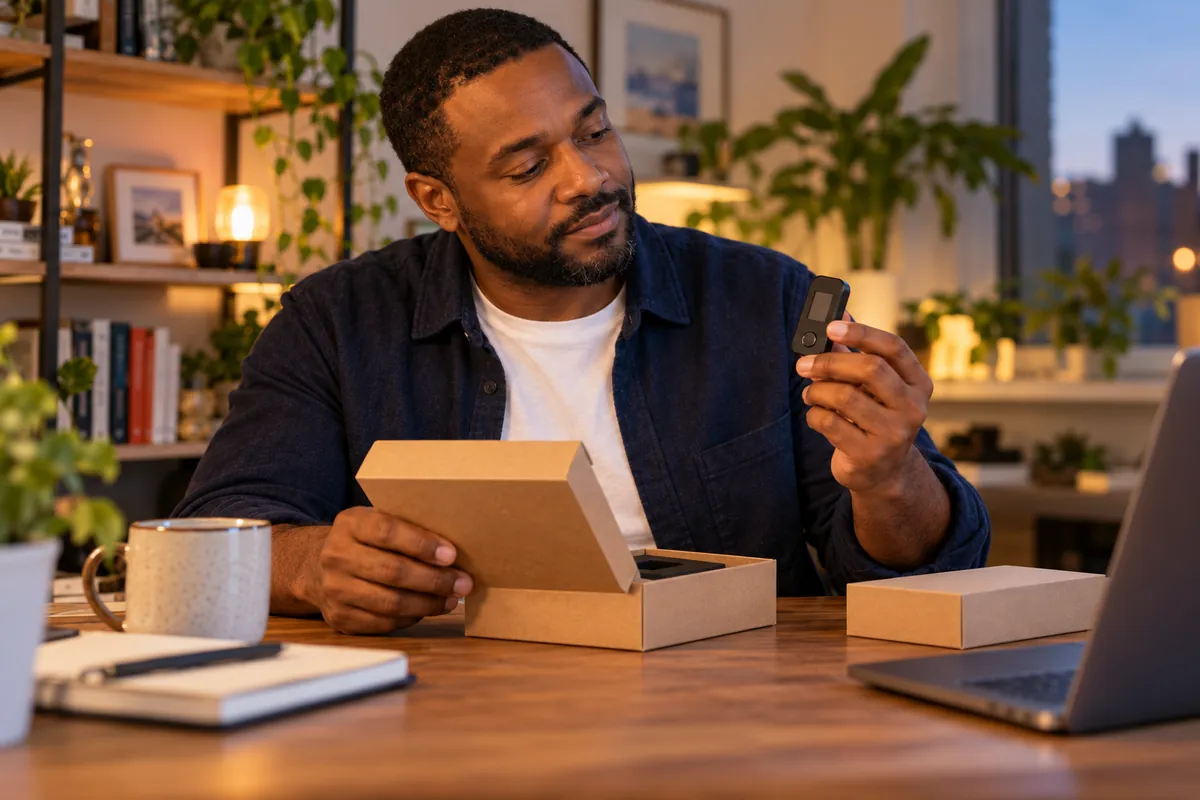 At his desk he lifts a small plain hardware wallet out of a sealed box and checks the seal