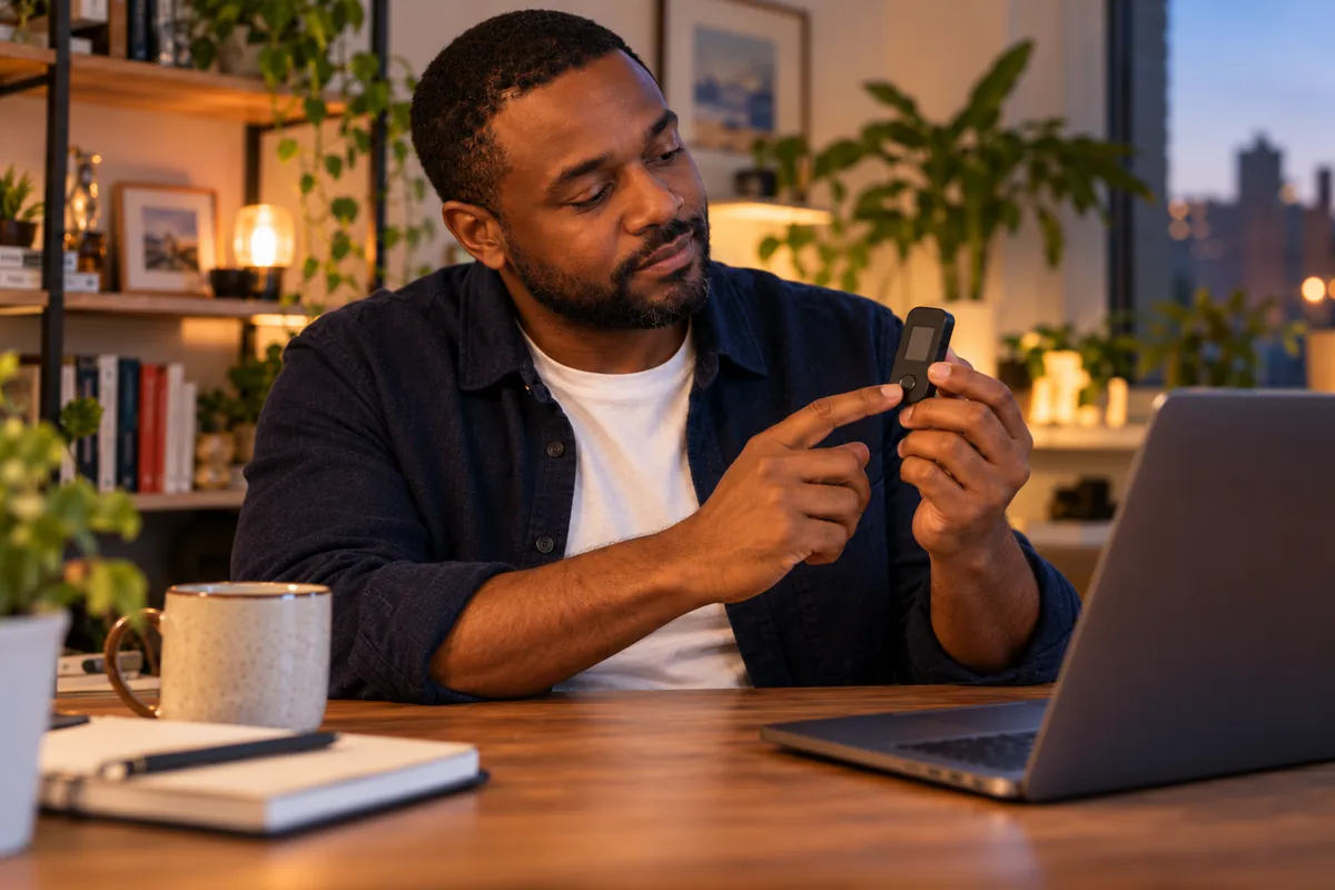 He looks closely at the tiny screen of the hardware wallet in his hand before pressing the button