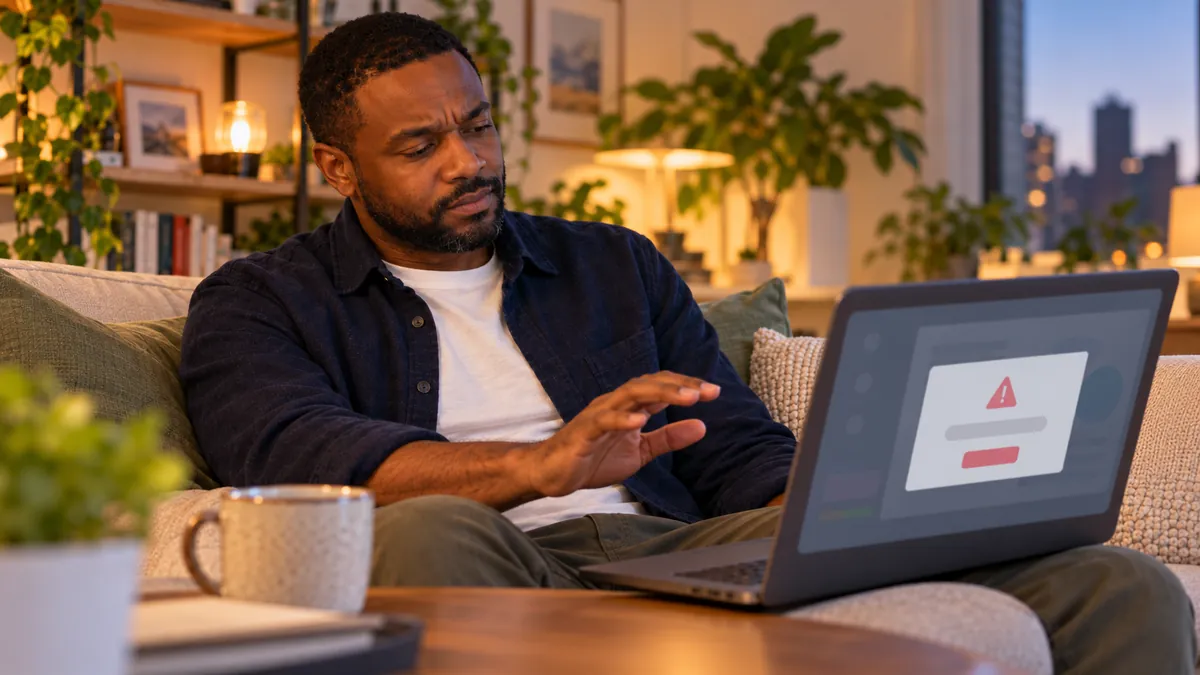 A man on a sofa pulls his hand back from his laptop as a suspicious pop-up appears on the screen