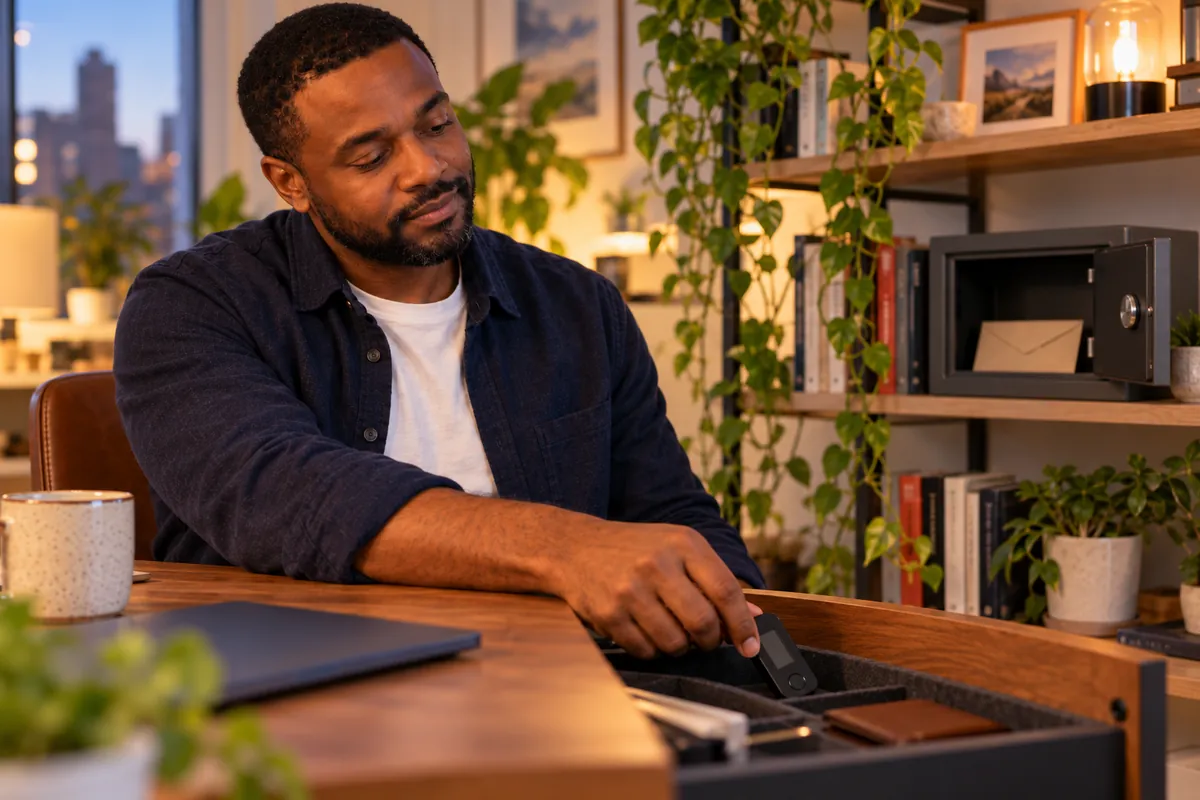 He puts the hardware wallet into a desk drawer, with the sealed backup already in a small safe on the shelf behind him