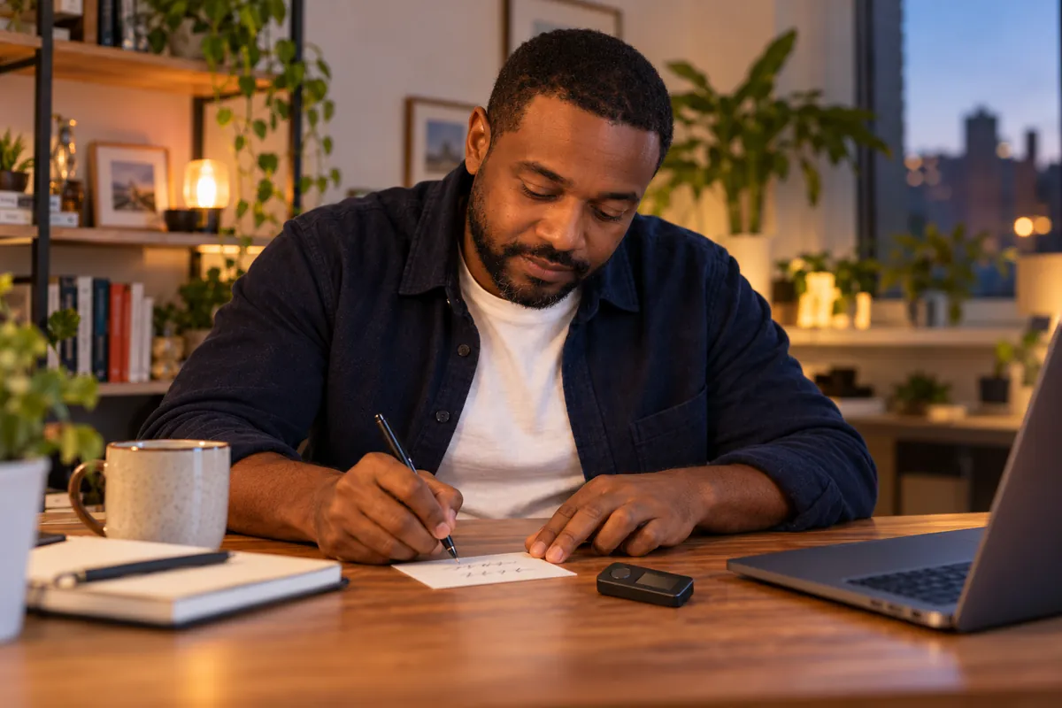 He writes the words of his seed phrase by hand on a small card, the hardware wallet beside it