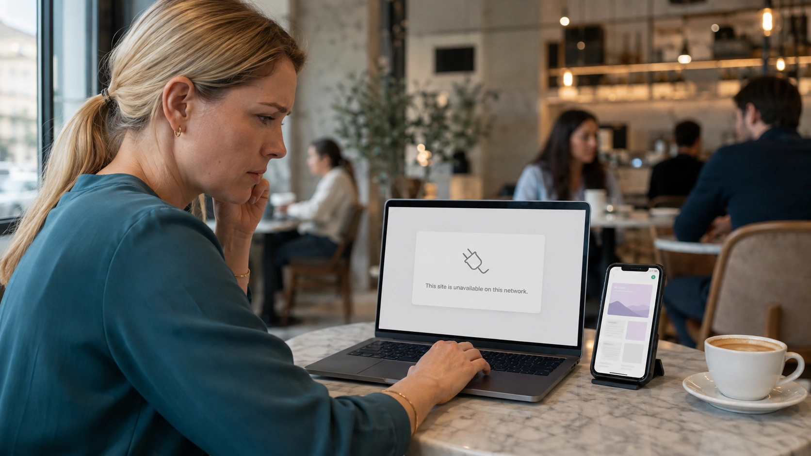 Someone in a cafe looking at a laptop that says the site is unavailable on this network