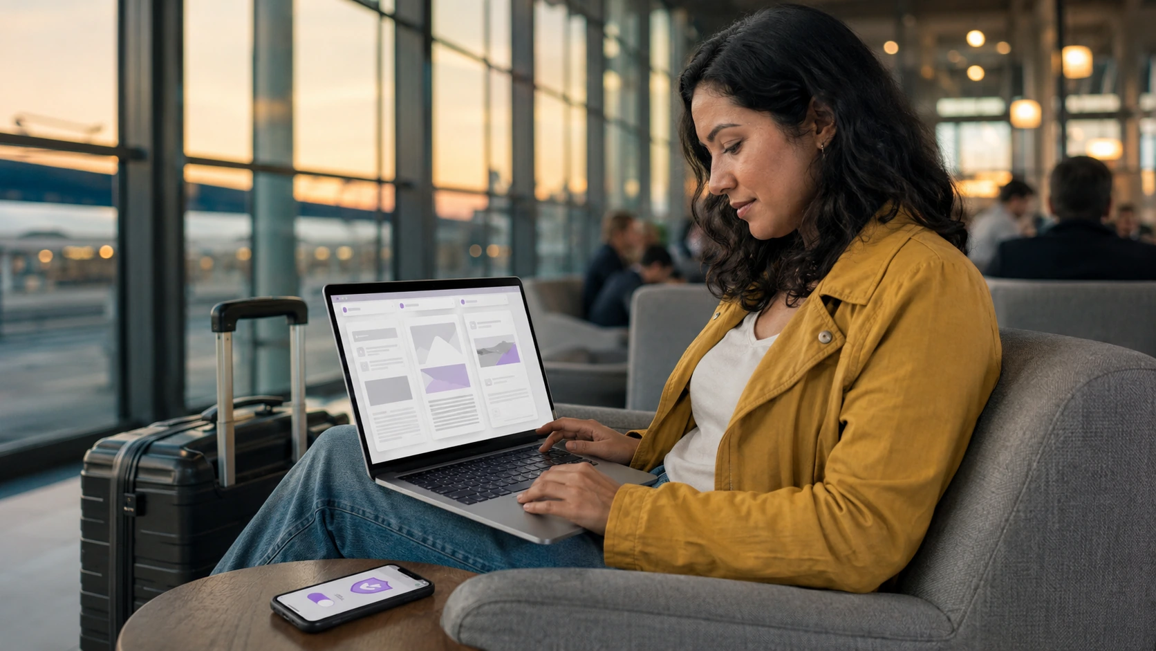 A traveller in an airport lounge reading freely on a laptop, with the VPN app open on the phone beside her