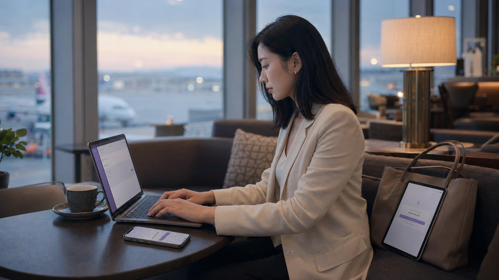 A traveller in an airport lounge with the same vault open on a laptop, a phone and a tablet