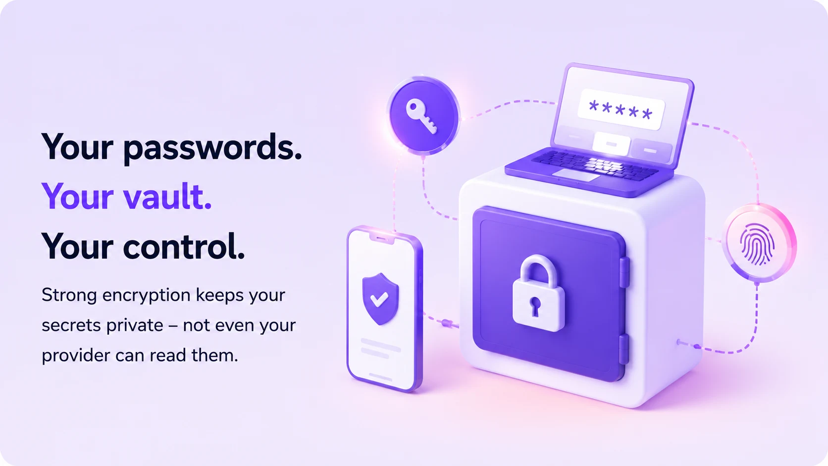A vault encrypted on your own device, stored by the provider as unreadable ciphertext with no key on their side