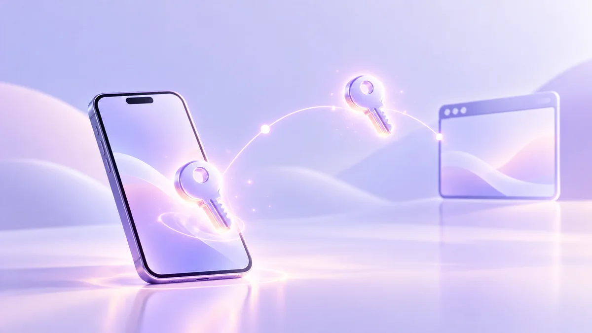 A matching pair of keys made on a phone, with one key staying on the phone and the other travelling along a curved line to a blank browser window