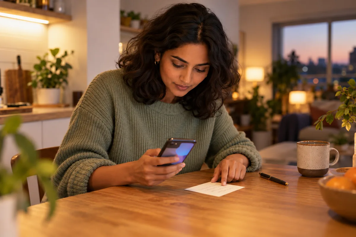She checks the paper card word by word against the screen of her phone
