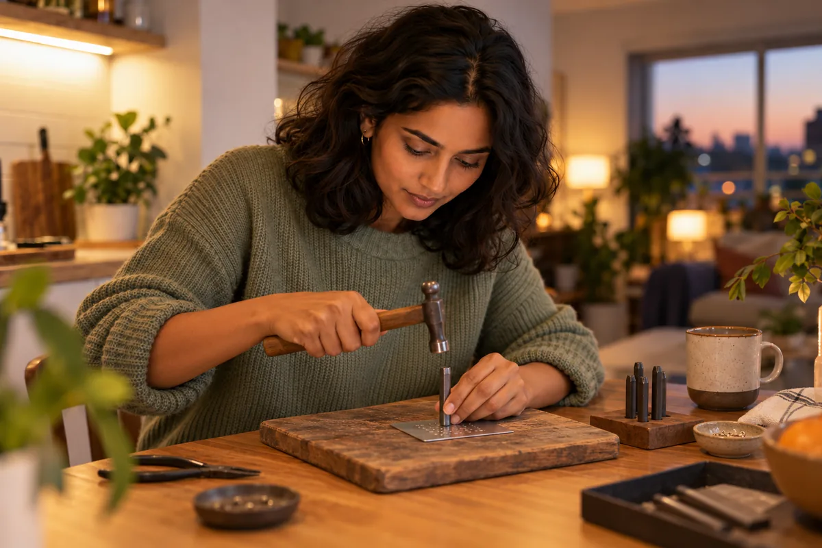 At the same table she stamps a thin steel plate with a metal letter punch and a small hammer