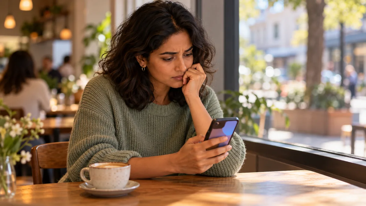 In a cafe she frowns at a suspicious message on her phone, a cup of coffee beside her