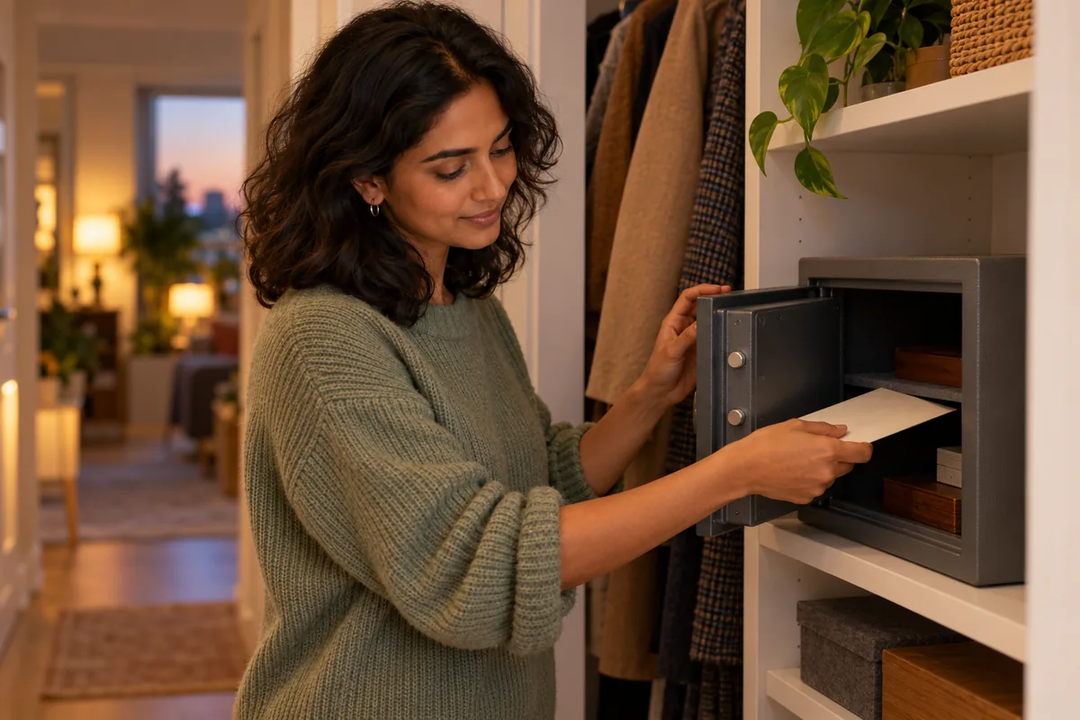 In a hallway closet she places a sealed envelope into a small grey fireproof safe