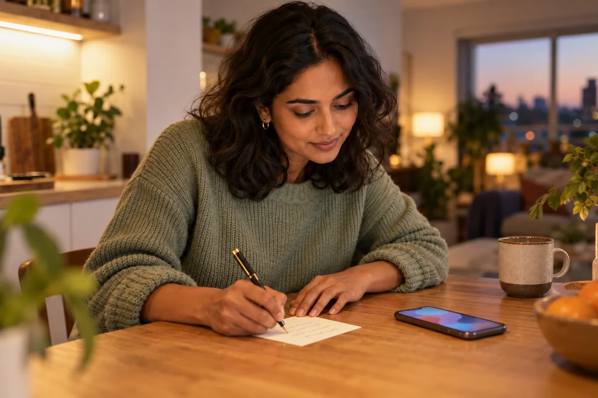 She writes the words by hand on a small paper card, her phone lying beside it on the table