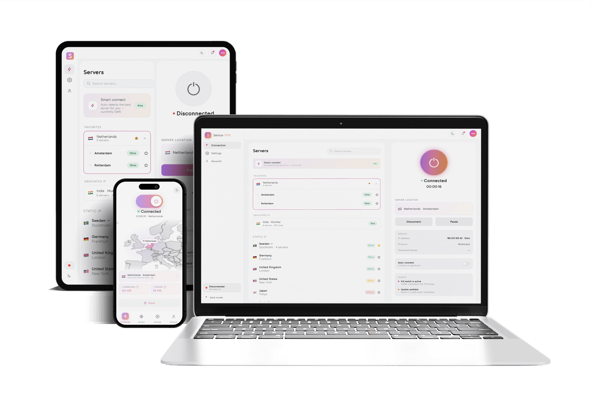 Senton VPN running on a laptop, a tablet and a phone, connected to a server in Amsterdam