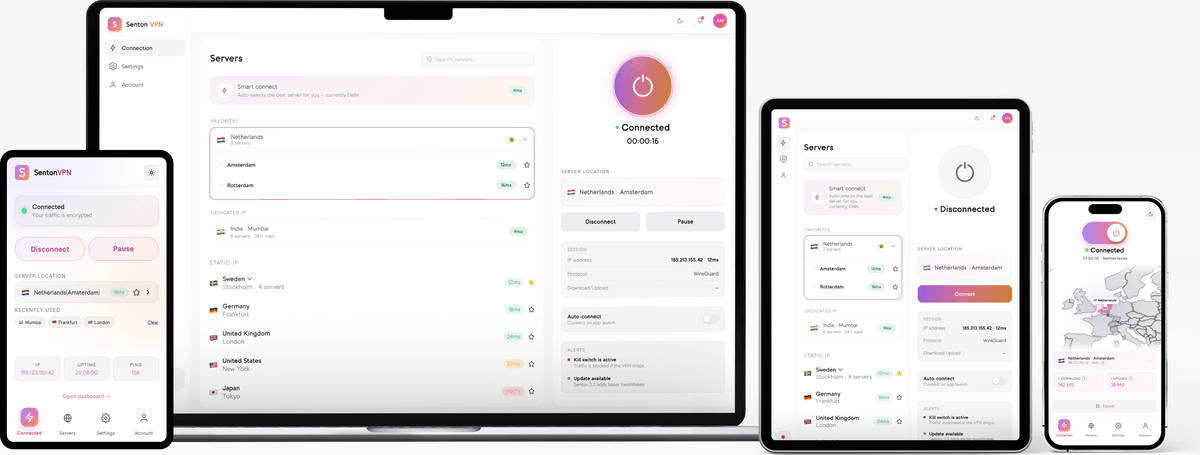 Senton VPN running on a phone, a laptop, a tablet and a second phone